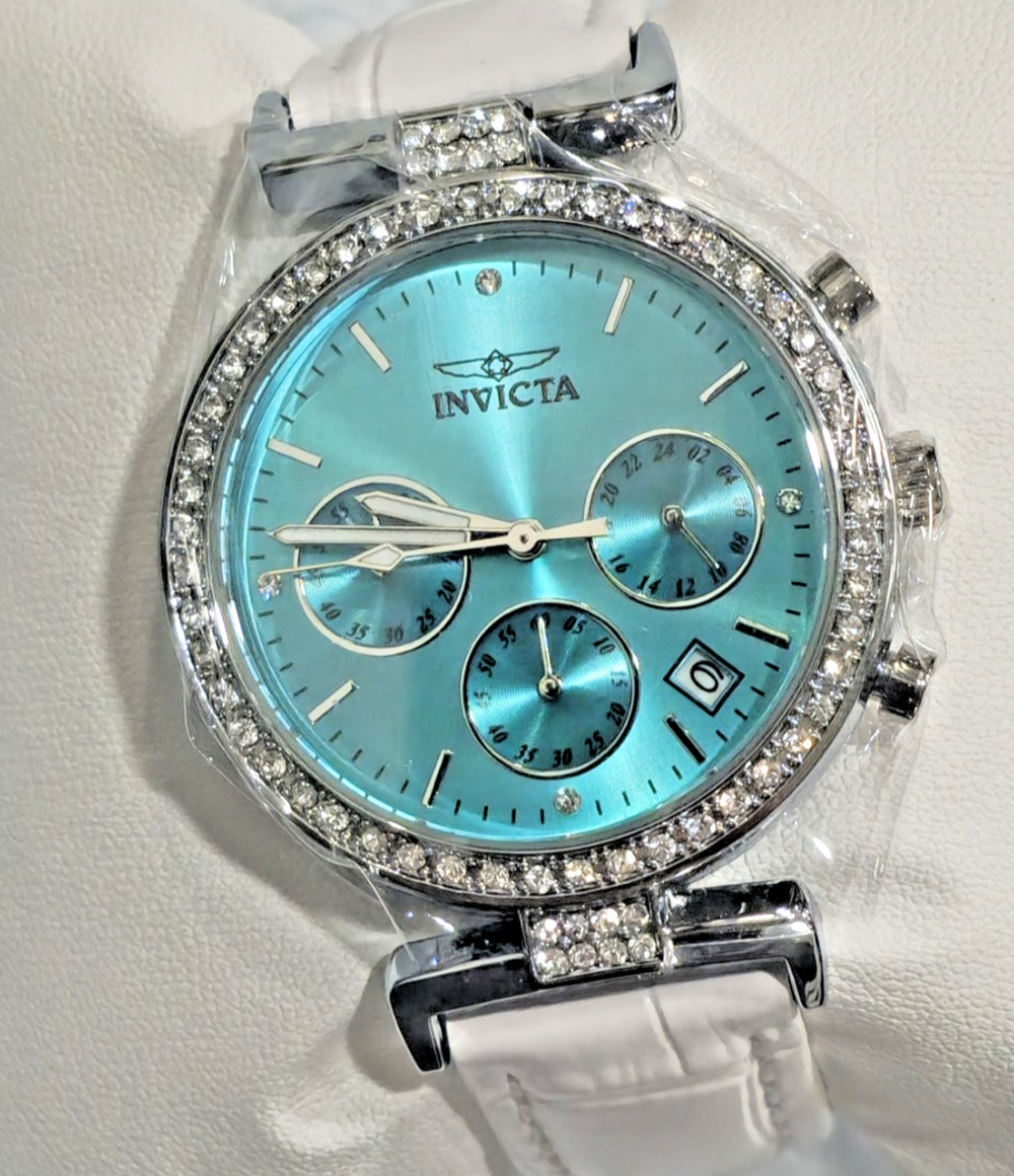 🔥70370🔥Invicta Celestial Lady 38mm Silver Tone Case Blue Metal Dial White Band